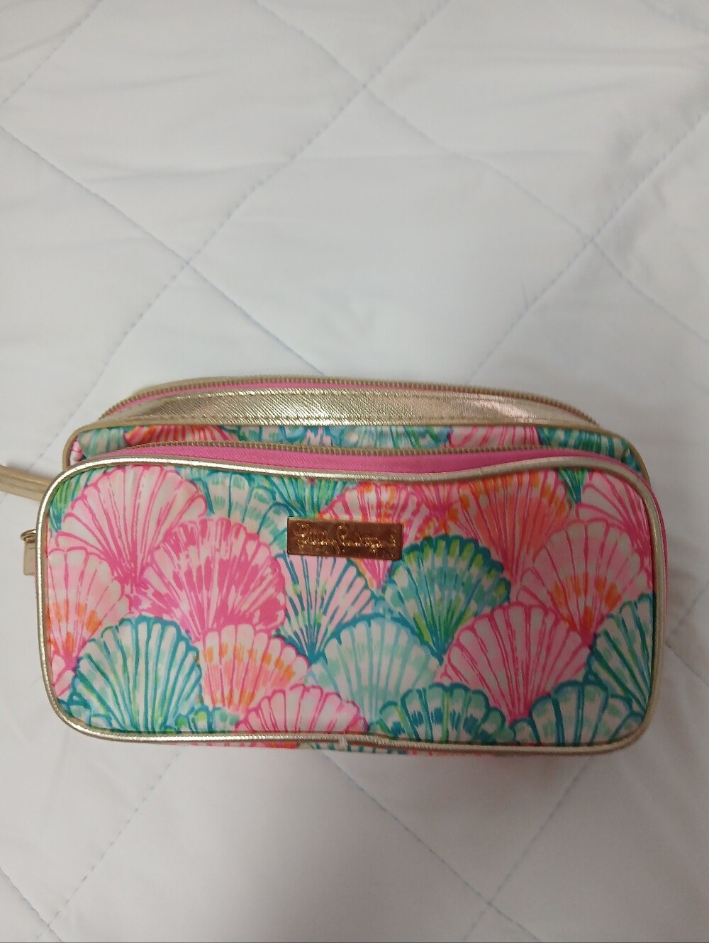 Lilly Pulitzer Seashell Print Cosmetic Pouch - Gold Trim, Double Zipped Sections